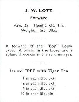 1937 International Tea (NZ) Ltd (Tiger Tea) Springbok Rugby Players in NZ #NNO Jan Lotz Back